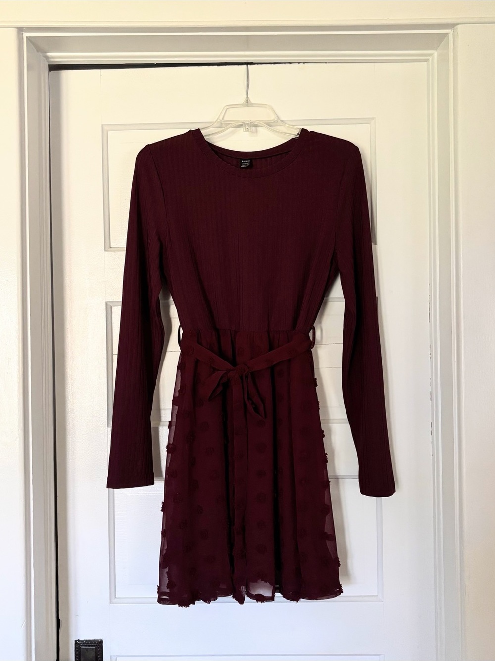 SHEIN Burgundy Long Sleeve Tie-Waist Dress